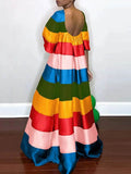 Momentlover Flared Sleeves Half Sleeves Backless Contrast Color Multi-Colored Striped Round-neck Maxi Dresses