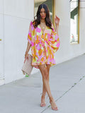 Momentlover Original Loose Printed Contrast Color Tied Buttoned Mini Shirt Dress