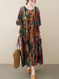 Momentlover Vintage Loose Abstract Printed Pleated Round-Neck Half Sleeves Midi Dress