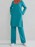 Momentlover Solid Color Long Sleeves Pockets Split-Side Round-Neck Shirts Top + Pants Bottom Two Pieces Set