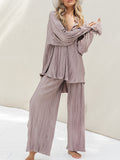 Momentlover Drawstring Pleated Flared Sleeves Long Sleeves Buttoned Solid Color Split-Side Lapel Shirts Top + Pants Bottom Pajama Sets