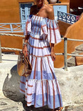 Momentlover Pleated Falbala Elasticity Loose Off-The-Shoulder Maxi Dresses