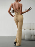 Momentlover Tied Solid Color Bandage Sleeveless High Waisted Tube Jumpsuits