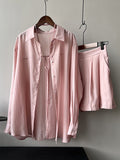 Momentlover Loose Solid Color Long Sleeves Blouse + Pleated Shorts Two Pieces Set