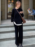 Momentlover Casual Loose Solid Color Round-Neck Sweater Tops & Wide Leg Pants Suits