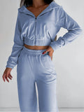 Momentlover Elasticity Solid Color Long Sleeves Hooded Zipper V-neck Outerwear Top + High Waisted Pants Bottom Two Pieces Set