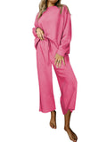 Momentlover Solid Color Long Sleeves Loose Round-Neck Shirts Top + Drawstring Pants Bottom Two Pieces Set