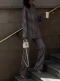 Momentlover Printed Long Sleeves Lapel Outwear Top + Flared Trousers Bottom Two Pieces Set