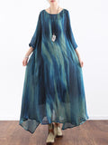 Momentlover Artistic Retro 2 Pieces Printed Round-Neck Loose Maxi Dress