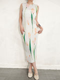 Momentlover Pleated Flower Print Sleeveless Loose Round-Neck Midi Dresses