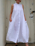 Momentlover Loose Sleeveless Pockets Solid Color Stand Collar Midi Dresses Shirt Dress