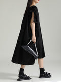 Momentlover Solid Color Pleated Drawstring Adjustable Short Sleeves Raglan Sleeve V-Neck Shirt Dress Midi Dresses