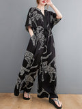 Momentlover Vintage Original Floral Leopard Printed Split-Joint Tied V-Neck Half Sleeves Wide Leg Jumpsuits