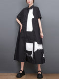 Momentlover Original Loose Short Sleeves Buttoned Contrast Color Printed Midi Dresses