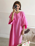 Momentlover Causal Plus Size Pleated Raglan Sleeve V-Neck Midi Dress