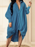 Momentlover Long Sleeves Loose Buttoned Contrast Color Split-Joint Lapel Collar Midi Dresses