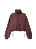 Momentlover Drawstring Elasticity Long Sleeves Loose Pockets Solid Color Zipper Stand Collar Jacket Top + Split-Back Skirts Bottom Two Pieces Set