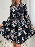 Momentlover Flower Print Elasticity Drawstring Buttoned Loose Long Sleeves V-Neck Mini Dresses