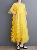 Momentlover Split-Joint Gauze Asymmetric Short Sleeves Loose Round-Neck Midi Dresses