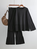 Momentlover Casual Long Sleeves Loose Solid Color Round-Neck Sweater Tops & Wide Leg Pants Two Pieces Set