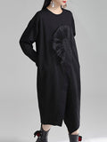 Momentlover Three-Dimensional Flower Asymmetric Loose Long Sleeves Round-Neck Midi Dresses