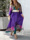Momentlover Long Sleeves Loose Leopard V-Neck Maxi Dresses
