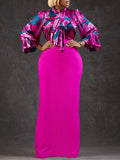 Momentlover Long Sleeves Floral Printed Blouse + Split-Back Solid Color Skirt Two Pieces Set