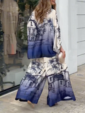 Momentlover Printed Wide Leg Puff Sleeves Off-the-shoulder Two-Piece Sets Pants Blouses