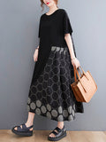 Momentlover Casual Printed Polka-Dot Split-Joint  Asymmetric Round-Neck Plus Size Midi Dress