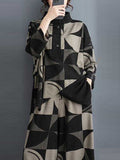 Momentlover Stand Collar Long Sleeves Asymmetric Buttoned Printed Sweatshirt Top + Harem Pants Pants Bottom Two Pieces Set