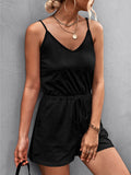 Momentlover Solid Color Pockets Drawstring Sleeveless Loose V-Neck Rompers