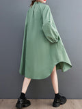 Momentlover Loose Puff Sleeves Solid Color Stand Collar Midi Dresses