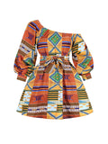 Momentlover Tied Waist Printed Elasticity Three-quarter Sleeves Puff Sleeves One-shoulder Mini Dresses
