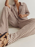 Momentlover Printed Plaid Wide Leg  Pants&Lapel Shirts Tops Two Pieces Set