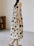 Momentlover Tied Waist Split-Joint Polka-Dot Pleated Contrast Color Sleeveless Loose Round-Neck Midi Dresses