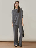 Momentlover Urban Loose Solid Round-Neck Vest Top& V-Neck Sweater Tops& Wide Leg Pants Three-Piece Set