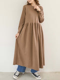 Momentlover Casual Loose Long Sleeves Solid Color Round-Neck Midi Dresses