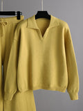 Momentlover Urban Long Sleeves Solid Color Polo Sweater Tops & Wide Leg Pants Two Pieces Set