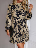 Momentlover Tied Waist Pleated Flower Print Loose Long Sleeves Mock Neck Mini Dresses