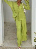 Momentlover Drawstring Pleated Flared Sleeves Long Sleeves Buttoned Solid Color Split-Side Lapel Shirts Top + Pants Bottom Pajama Sets