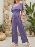 Momentlover Split-Joint Solid Color Ruffle Sleeves High Waisted V-Neck Jumpsuits