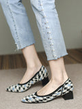 Momentlover Round Cut Pointed-Toe Houndstooth Contrast Color Pumps Mid Heels