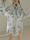 Momentlover Original Loose Long Sleeves Buttoned Contrast Color Printed Lapel Collar Mini Dresses