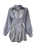 Momentlover Solid Color Long Sleeves Tied Waist Blouse + Loose Elasticity Waist Skirt Two Pieces Set