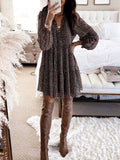 Momentlover Pleated Leopard Buttoned Puff Sleeves Loose V-Neck Mini Dresses