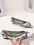 Momentlover Zebra-Stripe V-Cut Split-Joint Pointed-Toe Hollow Contrast Color Flats Flat Shoes