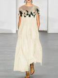 Momentlover Loose Short Sleeves Flower-Embellished Split-Joint Round-Neck Maxi Dresses
