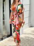 Momentlover Tied Waist Printed Buttoned Short Sleeves High Waisted Lapel Shirt Dress Maxi Dresses