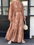 Momentlover Tied Waist Split-Joint Solid Color Pleated Flower Print Puff Sleeves Loose Round-Neck Maxi Dresses