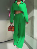 Momentlover Solid Color Long Sleeves Blouse + Drawstring Elasticity High-Waisted Wide-Leg Pants Trousers Two Pieces Set